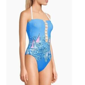 NEW Lilly Pulitzer Women Novi One Pc Swimsuit Lattice Nautical Sail Prep